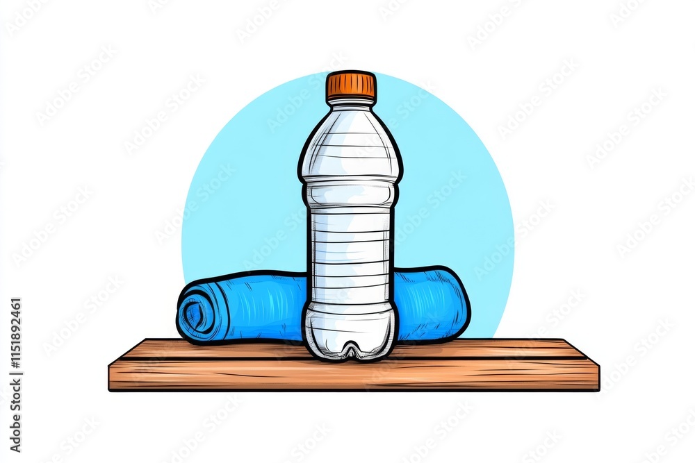 Poster a conceptual illustration of a water bottle and gym towel, drawn in simple, bold lines with soft col