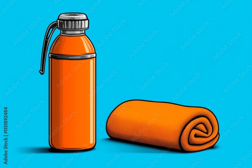 Poster a conceptual illustration of a water bottle and gym towel, drawn in simple, bold lines with soft col