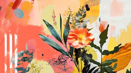 Abstract Floral Art with Orange Flower and Green Leaves