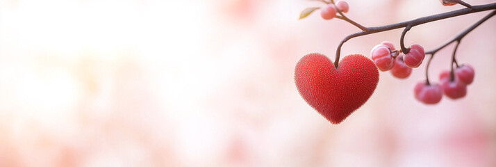 Fototapeta premium heart shaped red berry hangs from branch with pink berries, creating romantic and serene atmosphere. This evokes feelings of love and tranquility