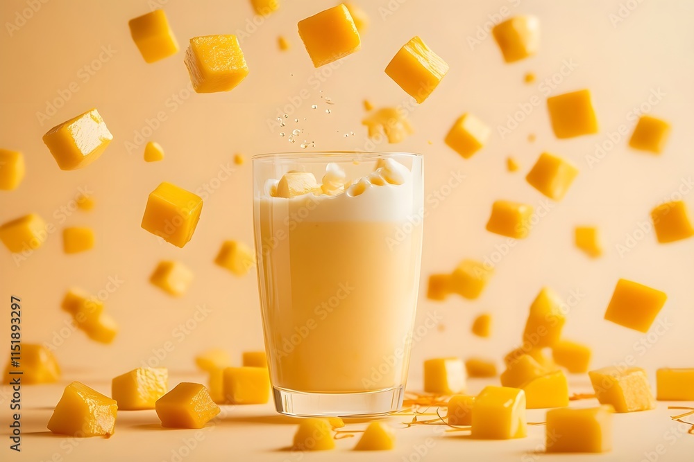 Poster a refreshing mango smoothie surrounded by floating mango cubes against a soft orange background.