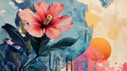 A Pink Hibiscus Flower with Dark Green Leaves Against a Colorful Abstract Background