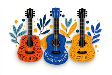 A playful 2D illustration of a guitar surrounded by whimsical musical notes and cheerful abstract patterns on a clean white canvas