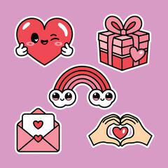 A set of five adorable Valentine's Day stickers featuring cartoon hearts, a gift box, a rainbow, a letter, and hands forming a heart shape.