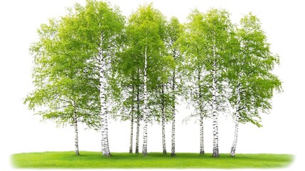 Obraz premium Spring Birch Trees Grove Green Grass White Background