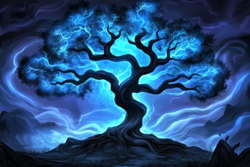 Obraz premium A dark, gothic forest scene where a single glowing sapling grows amidst towering, ominous trees and swirling mist