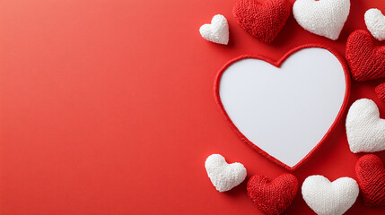 Obraz premium vibrant Valentine Day background featuring knitted hearts in red and white surrounding blank heart shaped frame. Perfect for romantic messages and celebrations