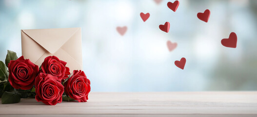 Romantic scene with red roses, envelope, and floating hearts, perfect for Valentine Day. beautiful expression of love and affection
