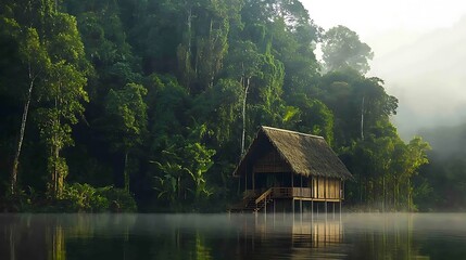 Obraz premium Misty morning, lake house in lush rainforest.