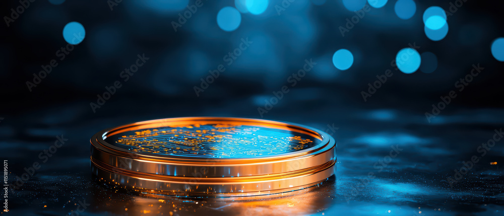 Poster close up of shiny coin with intricate designs, illuminated by blue lights, creating captivating atmo