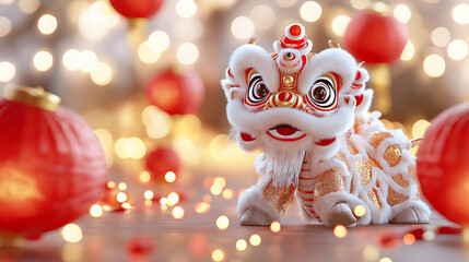 Fototapeta premium cute dragon figure in traditional lion dance setting, surrounded by red lanterns and festive lights, evokes joyful celebration