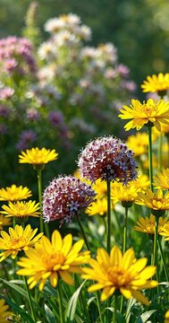 Vibrant yellow flowers of Allium moly blooming in the garden , yellow flowers, landscape, wildflowers
