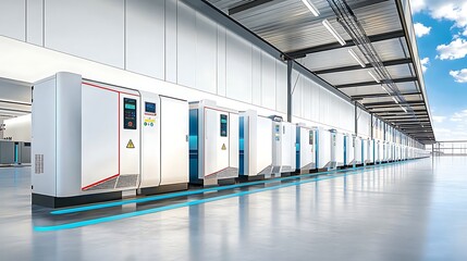 Modern Energy Storage Facility  Rows of Battery Systems