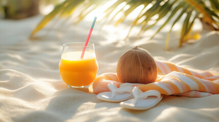 Coconut and orange juice with flip-flops on a sandy beach