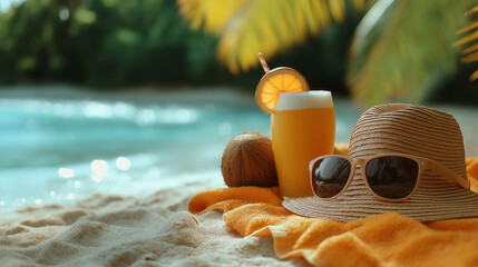 Refreshing orange drink, coconut, and straw hat on a sandy beach