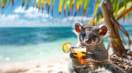 Vocation: Adorable possum relaxing on a tropical beach with a drink --ar 25:14 --v 6 Job ID:...