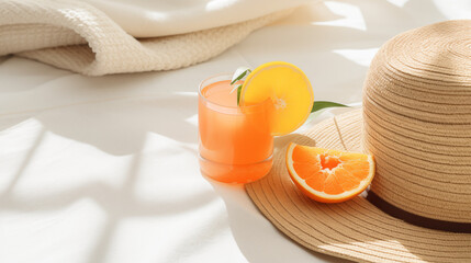 Fresh orange juice and straw hat in a bright summer setup