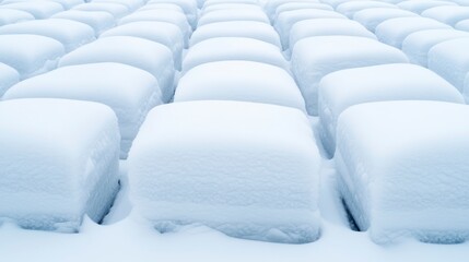 A serene landscape featuring uniform snow-covered bales arranged in rows, creating a tranquil winter scene.
