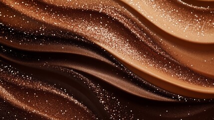 A close-up of shimmering, wavy textures in rich brown tones, resembling fluid chocolate or metallic...