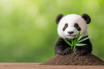 cute panda sitting on soil, holding bamboo shoots, surrounded by greenery