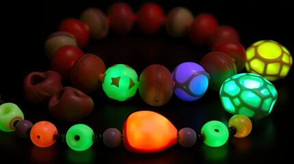 Create a line of ornamental clay beads for a necklace or bracelet. Sculptural clay forms with textured surfaces, sculpted shapes, and vivid natural light effects shine with bioluminescent colors.