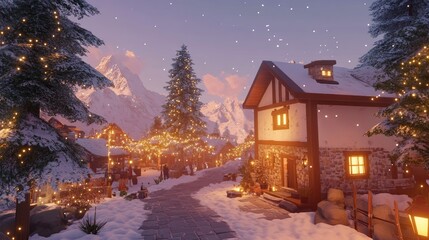 Naklejka premium A Snowy Mountain Village Christmas Scene With Lights