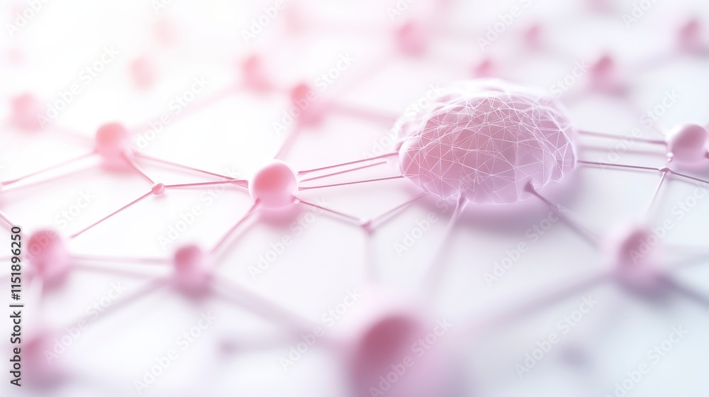 Poster a close-up view of interconnected cells or particles in a soft pink hue, showcasing a network struct