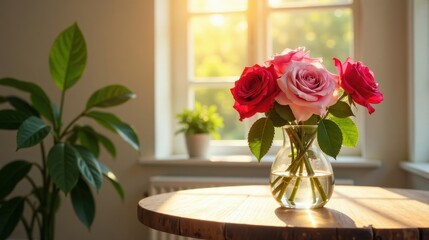 Sunlit roses in a glass vase on a wooden table near a leafy plant