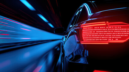 sleek black self driving taxi with illuminated tail lights, showcasing futuristic technology and motion blur