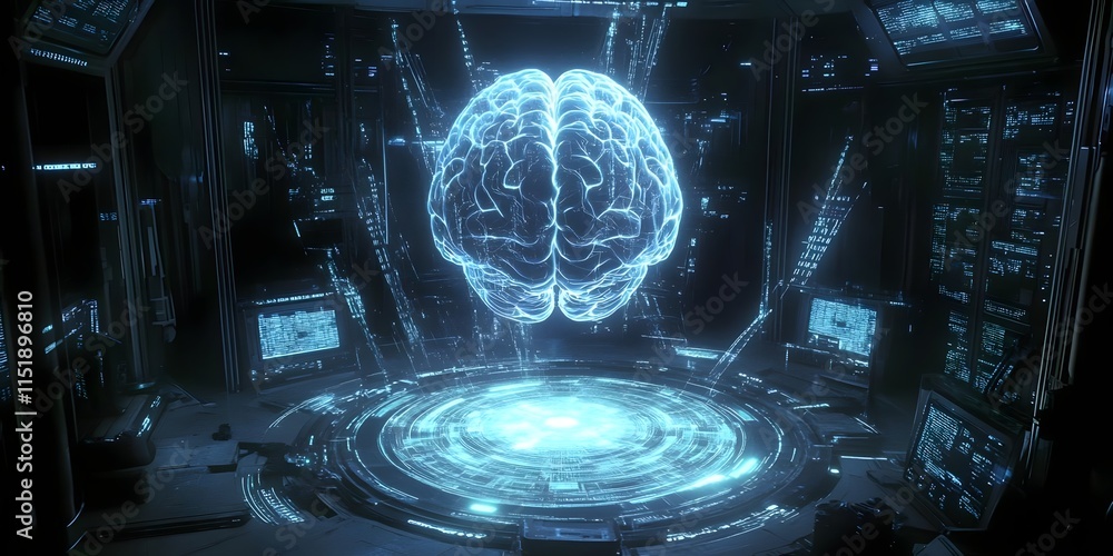 Poster a futuristic digital representation of a brain in a high-tech environment.