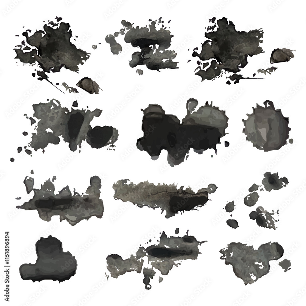Poster ink splatter patterns set. paint blots, watercolor blots of different shapes set design elements. bl