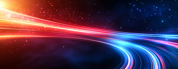 Obraz premium Vibrant abstract background with colorful light trails in red, blue, and orange, creating dynamic and energetic atmosphere. Perfect for digital art and design projects