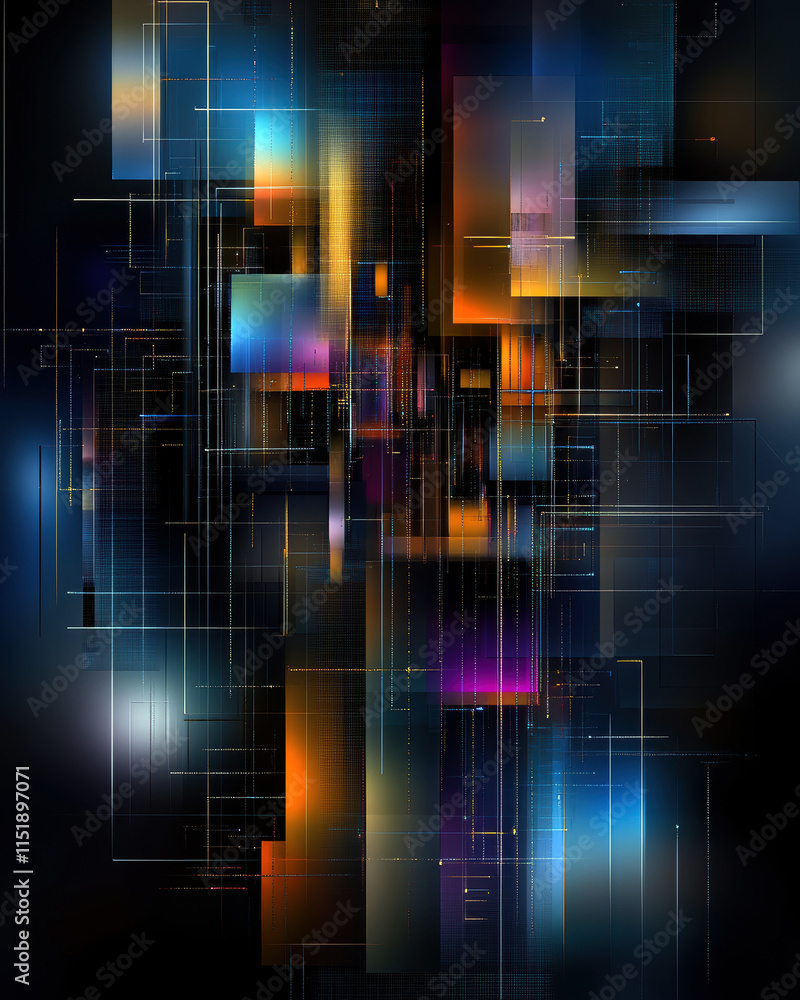 Poster a vibrant composition of colorful geometric shapes and lines, evoking a sense of depth and dynamism.