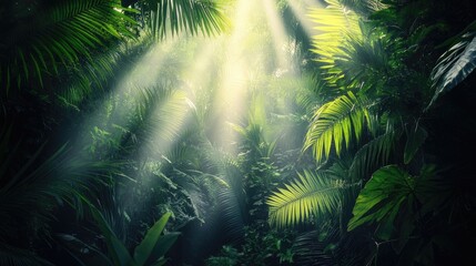 Obraz premium Sunbeams Illuminate Lush Tropical Rainforest Canopy