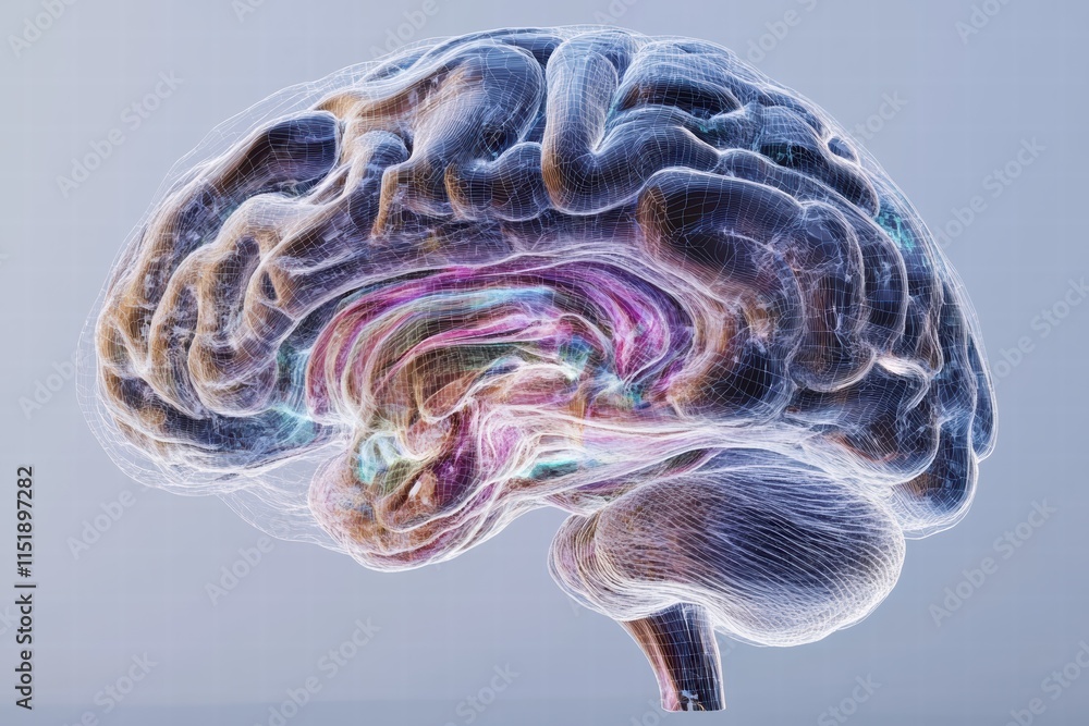 Poster digital brain model showcasing intricate neural structures and connections