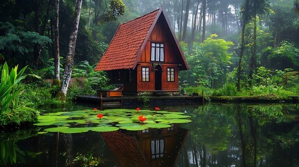Secluded wooden cabin on a misty lake, surrounded by lush rainforest.