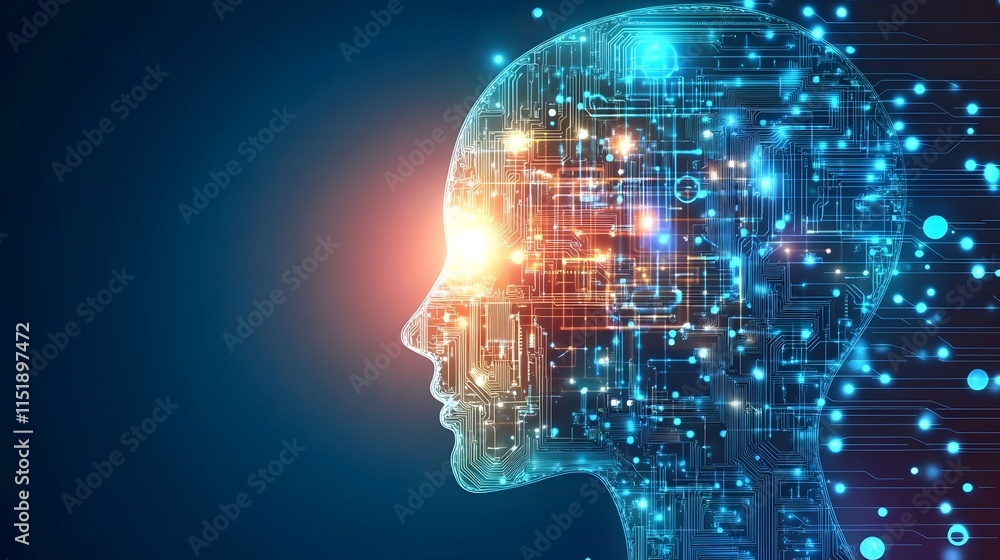 Poster a digital representation of a human head filled with circuit patterns and glowing lights.