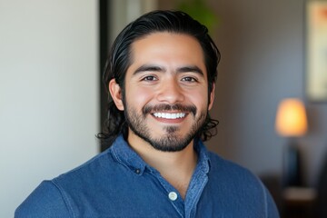 Young man with a charming smile wearing a blue shirt, standing indoors in an office environment, showcasing warmth and approachability in a professional setting.