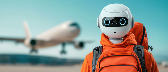 traveler with robotic head and orange backpack stands at airport, ready for adventure