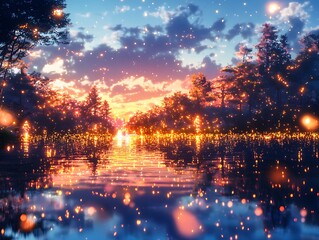 Enchanting Night Scene of a Lake Illuminated by Multicolored Lights Reflecting on the Tranquil Water Surface Surrounded by Lush Greenery and Stars