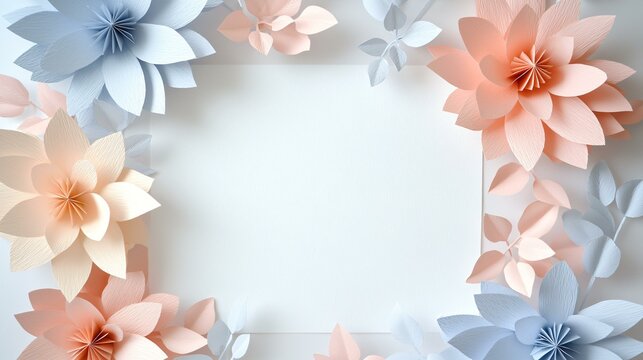 Modern invitation featuring oversized 3D paper flowers in pastel shades, leaving the center blank for custom text.