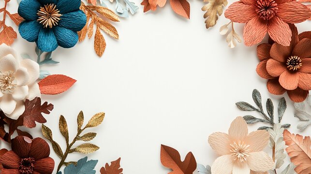 Sophisticated wedding card showcasing richly colored dimensional paper flowers framing a central blank text area.