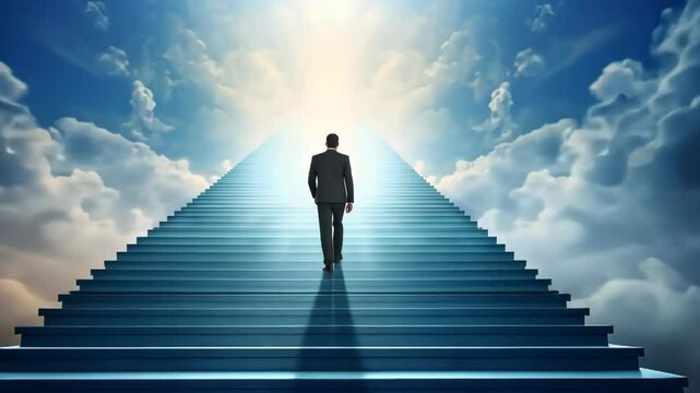 Man ascending a staircase towards bright light among clouds in a surreal representation of hope and aspiration