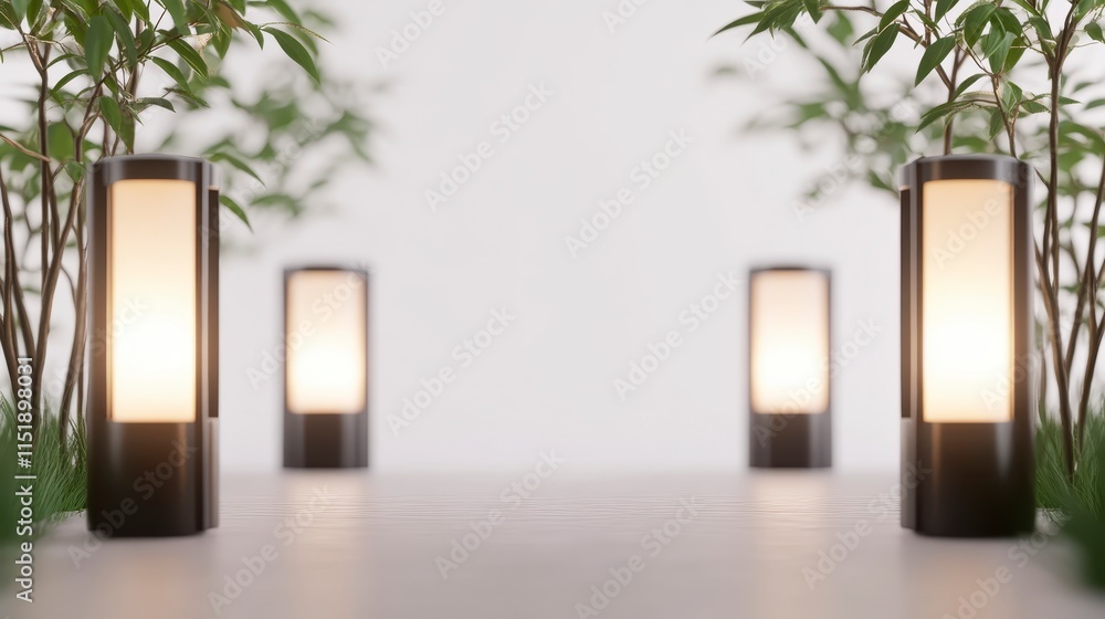 Poster a serene pathway illuminated by stylish lanterns, surrounded by lush bamboo, creating a calm and inv