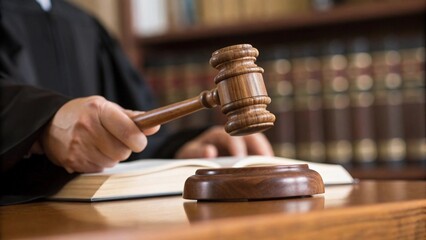 A close-up shot of a judge's hand holding a wooden gavel mid-swing, about to strike a sound block