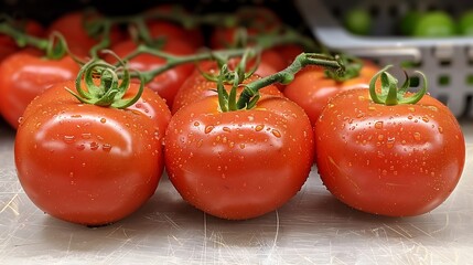 A close-up view of three bright red tomatoes with green stems, resting on a shiny metal surface.
