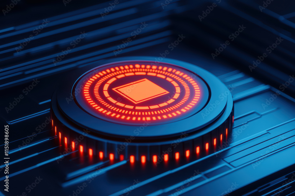 Poster close up view of futuristic control panel featuring glowing red button, surrounded by intricate circ
