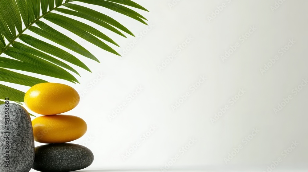 Poster a serene arrangement of smooth stones and yellow objects with a palm leaf, creating a calming, minim