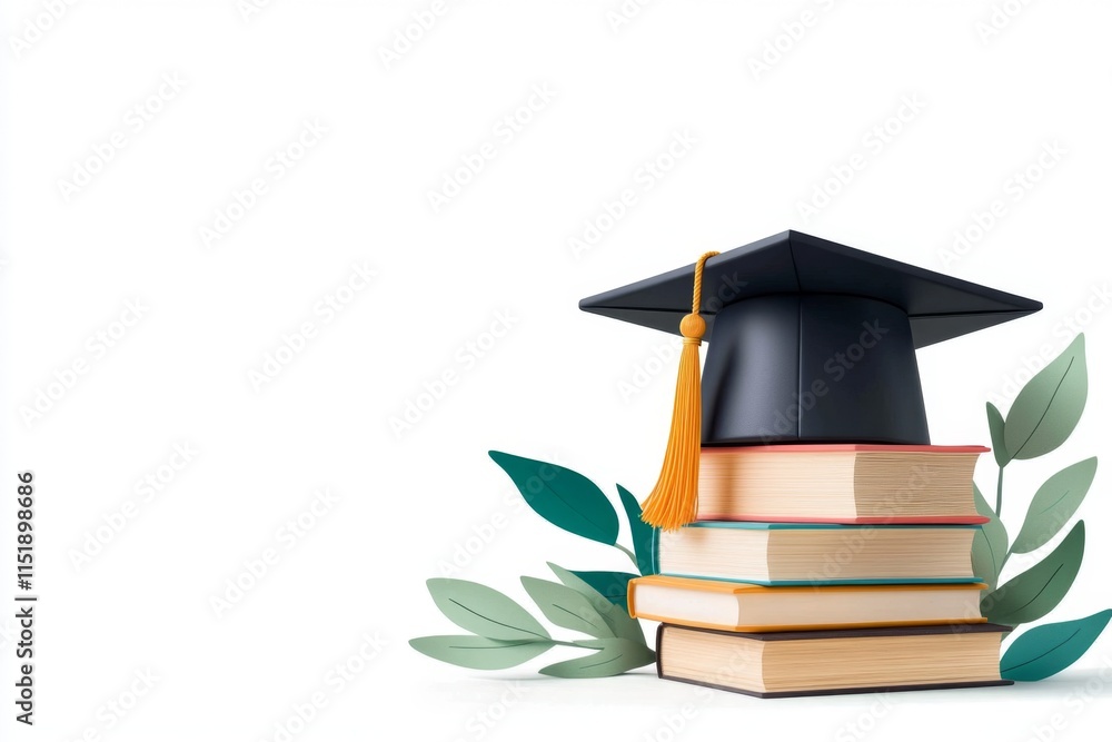 Poster A flat design of a graduation cap resting on a stack of books, created with minimal lines and soft gradient coloring