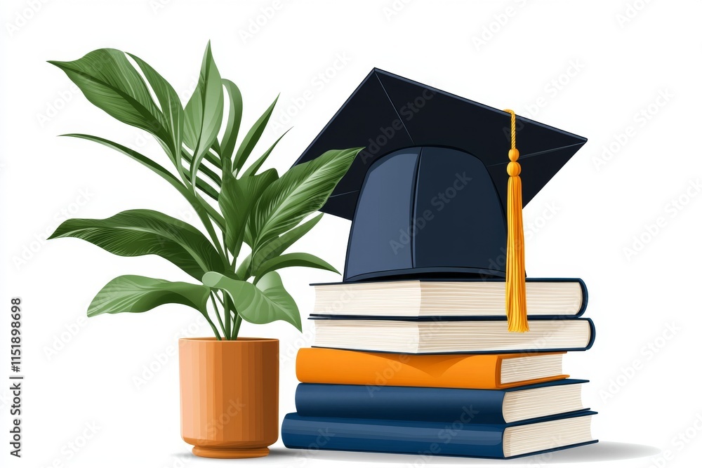 Poster A flat design of a graduation cap resting on a stack of books, created with minimal lines and soft gradient coloring